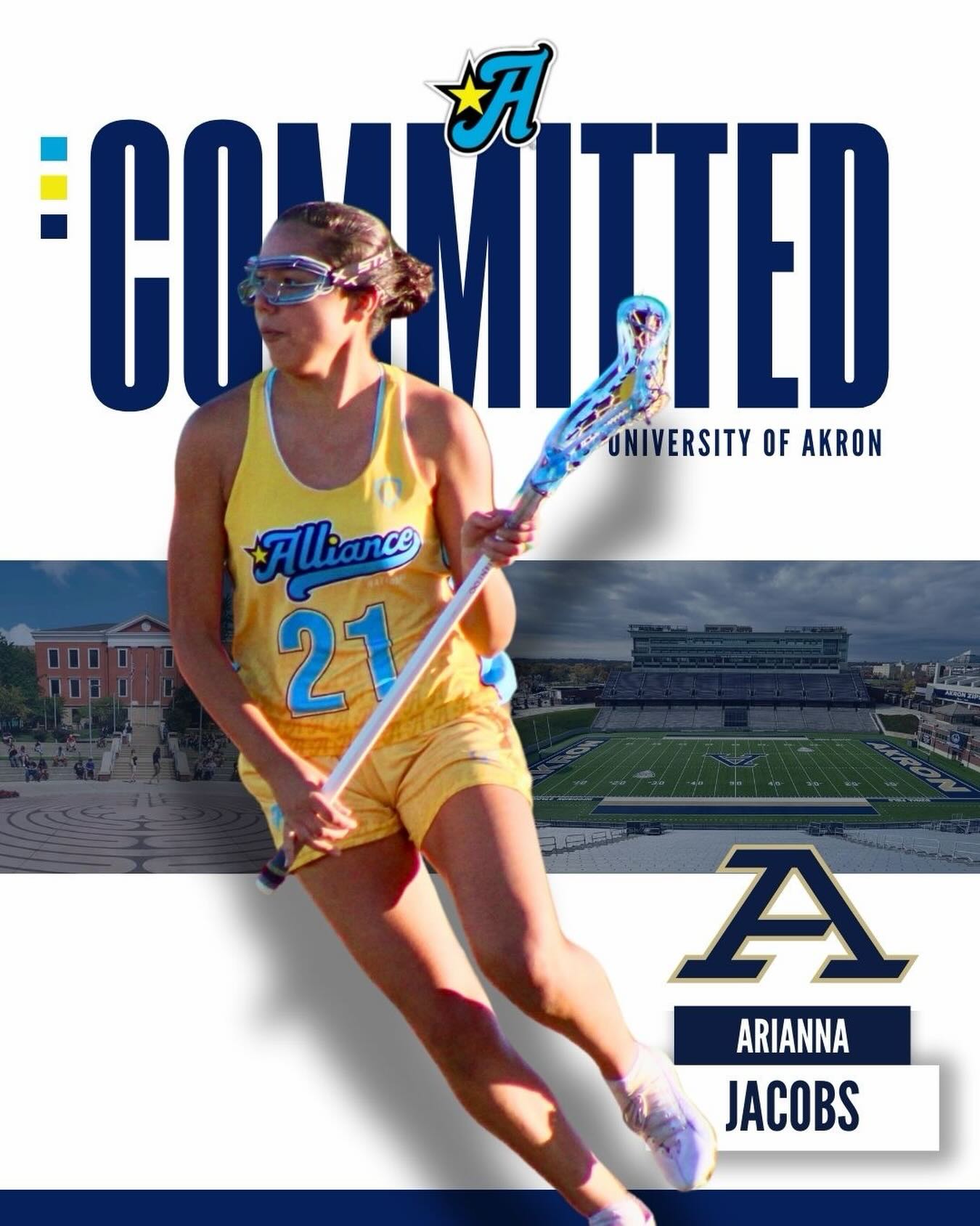 Arianna Jacobs's Unversity of Akron commitment graphic for Alliance National, featuring an image of Arianna playing lacrosse with the Akron logo and campus image.