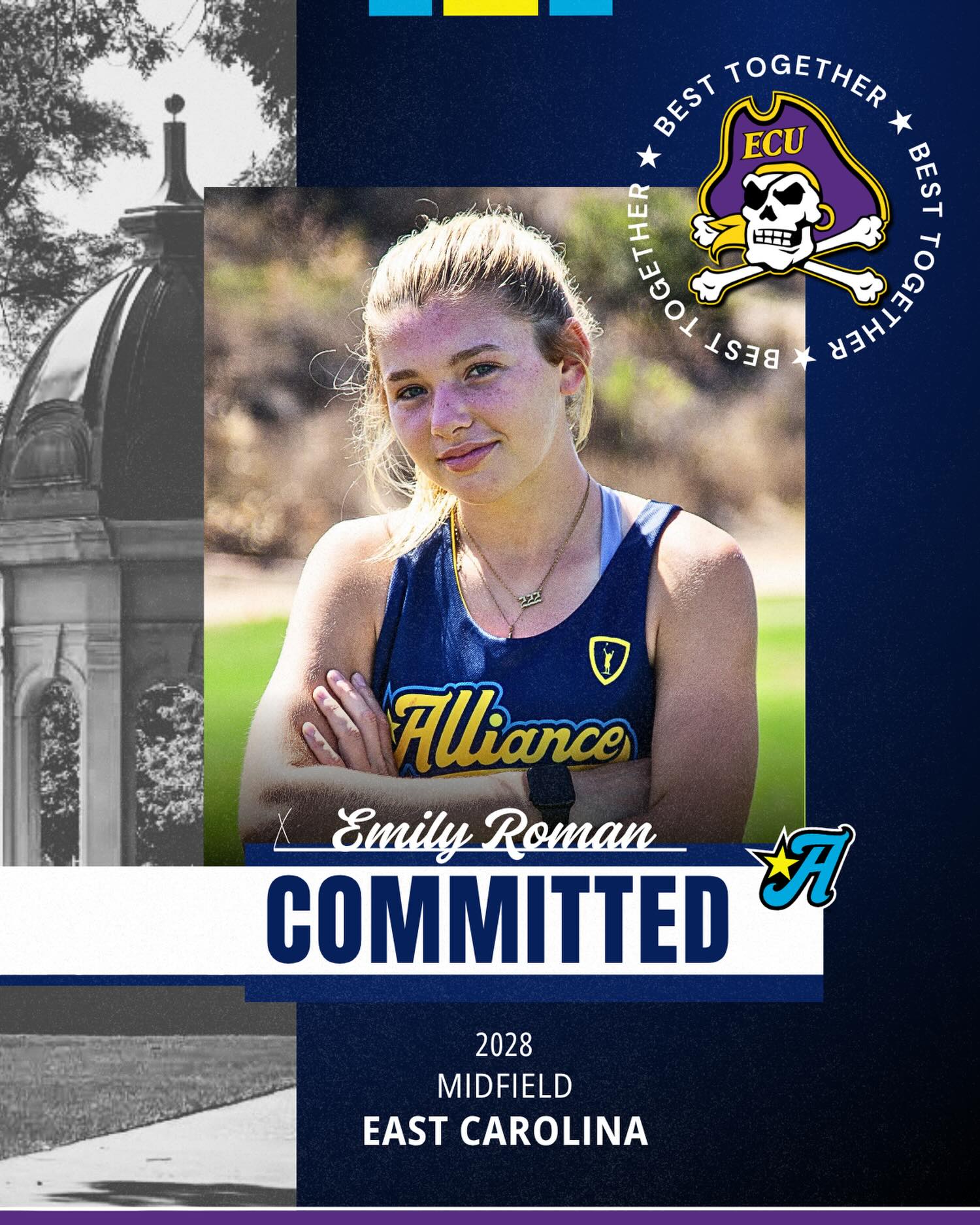 Scout Milner's Cornell commitment graphic for Alliance National, featuring an image of Scout playing lacrosse with Cornell logo and campus image.